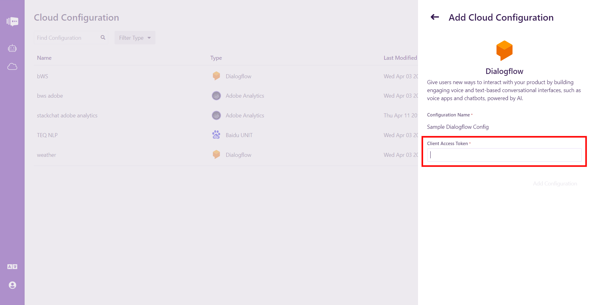 Dialogflow Configuration Modal