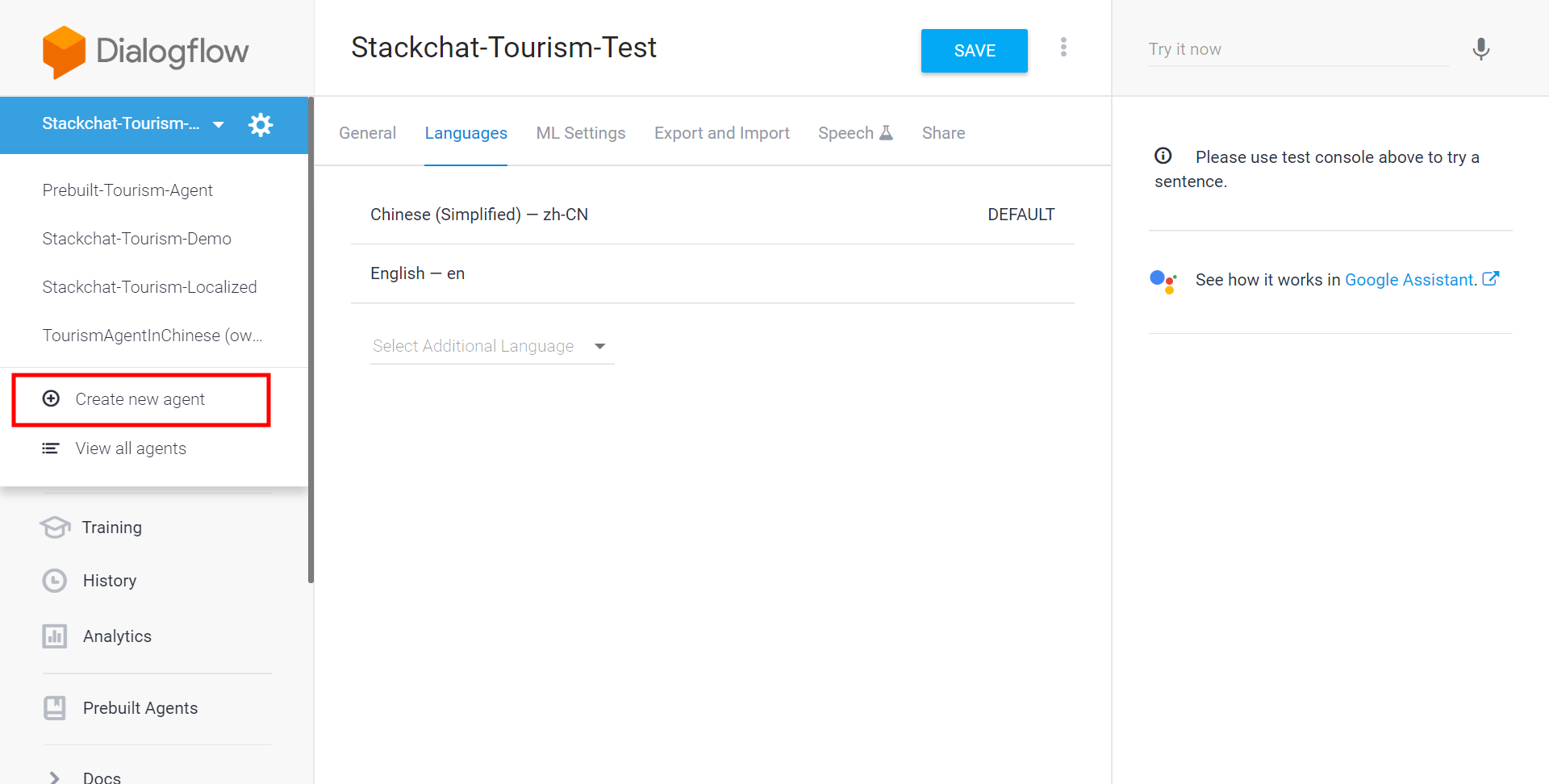 Dialogflow Create Agent