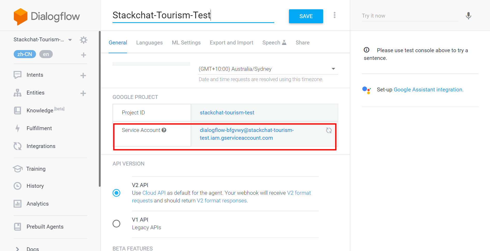 Dialogflow Service Account